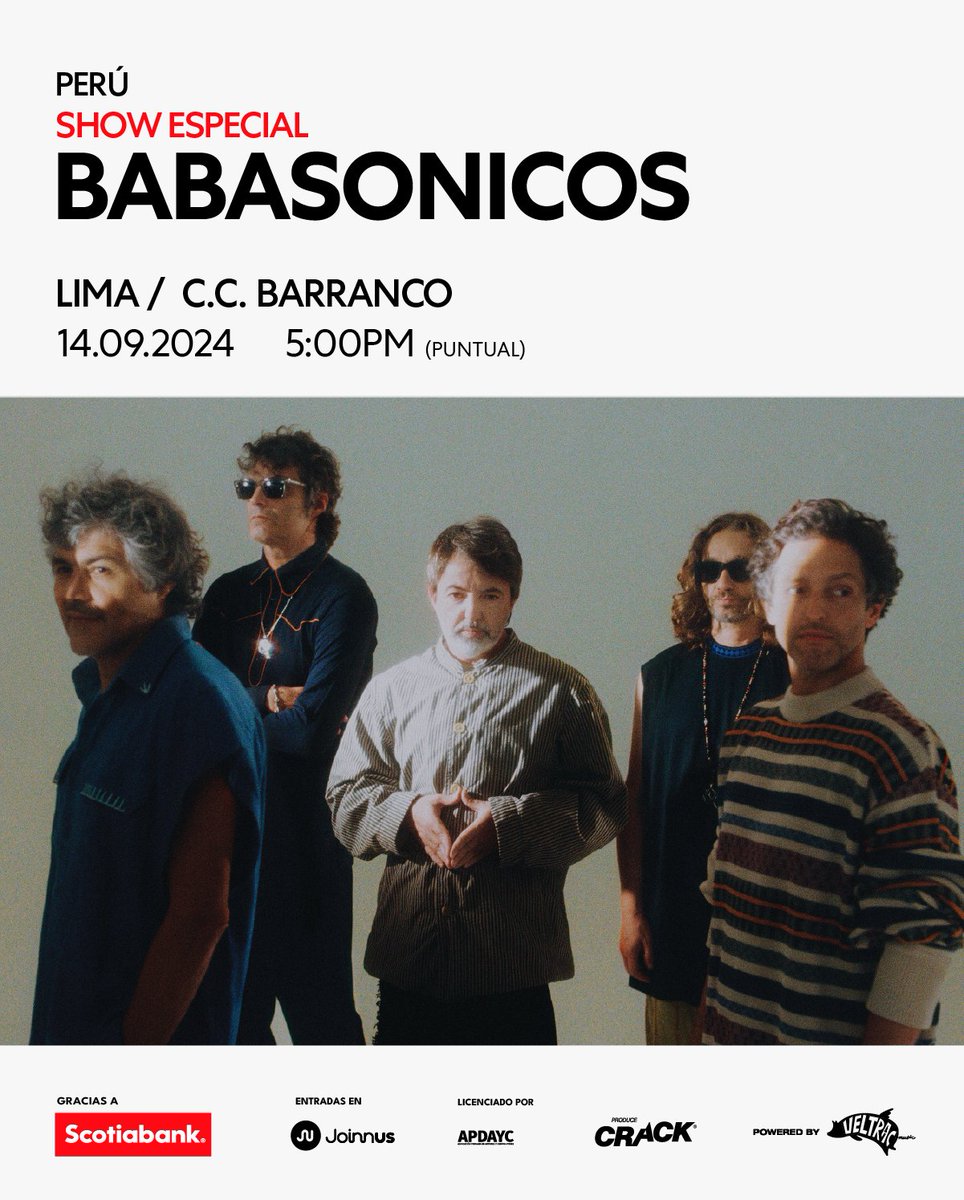 🎸 ¡CONFIRMADO! Este sábado 14 de septiembre, Babasónicos ofrecerá un concierto íntimo en formato tarde en el CCB de Barranco. 
🎟️ La venta comienza el 14 de agosto a las 10:00 a.m. en <a href="/joinnus/">Joinnus</a>. Aprovecha el 20% de dscto. con tarjetas Scotiabank.
#babasonicosenlima #veltracmusic