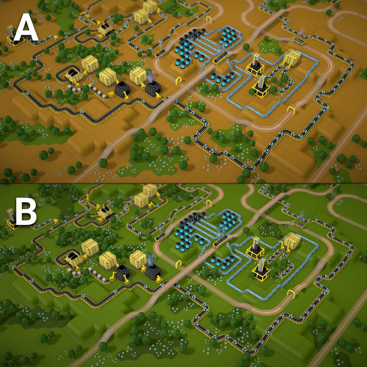 rustforgegame's tweet image. Which color theme do you like better? A or B? 🤔 #gamedev #indiedev #theme #factory #automation #colony #simulation #option #color #scheme #variation #indiegamedev #MotivationMonday #RTS #steamgame #workinprogress #opinion #question #abtesting #games #gamedevelopment