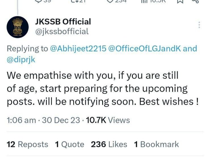 JkssbExam's tweet photo. It's High Time that JKSSB Should Advertise All JKSSB Posts Received by JKSSB from Different Department Aspirants are waiting for New Posts for 2 years now @OfficeOfLGJandK @jkssbofficial
#jkssbjkpsiposts2024
#jkssbrecruitment2024
#jkssbnewrecruitment2024 https://t.co/aP3LruyMHK