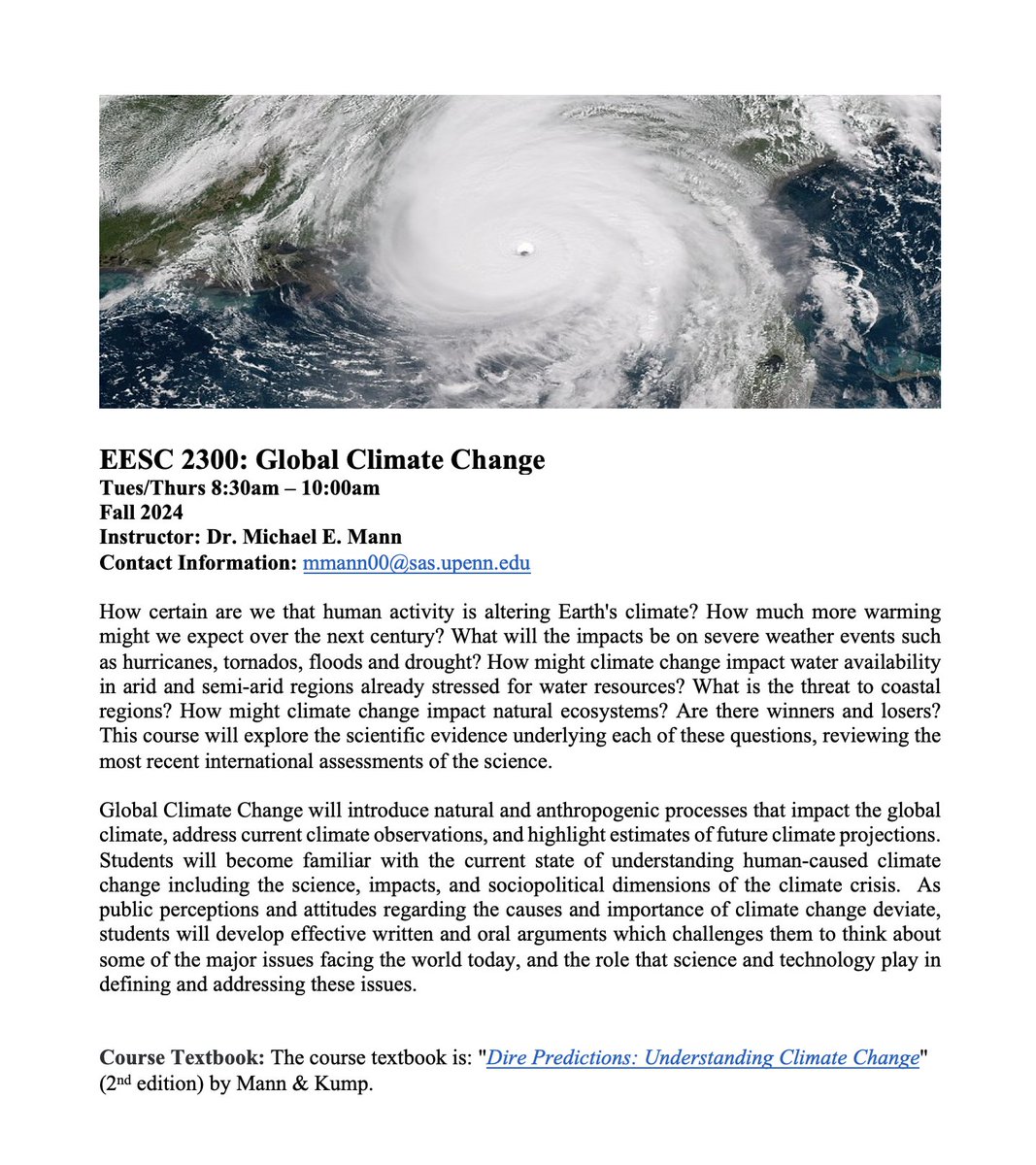 Hey <a href="/Penn/">Penn</a> undergrads: Are you concerned about the #climatecrisis? Want to learn more about the science, impacts and solutions?

Please consider taking my intro-level course on "Global Climate Change" this Fall!