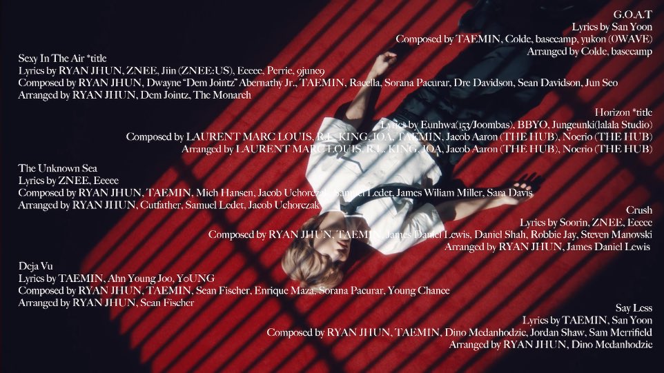 G.O.A.T - 태민 작곡
Sexy In The Air - 태민 작곡
Horizon - 태민 작곡
The Unknown Sea - 태민 작곡
Crush - 태민 작곡
Deja Vu - 태민 작사, 작곡
Say Less - 태민 작사, 작곡

ETERNAL 전곡 참여했네 이태민 ......