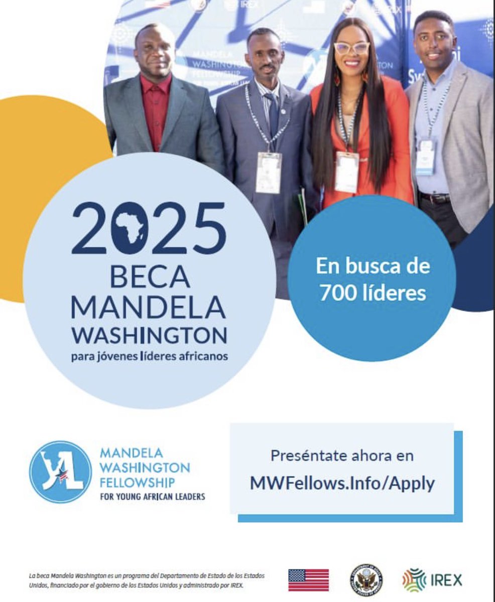 Ya puedes presentarte a la Beca Mandela Washington Fellowship.
Preséntate ahora en MWFellows.Info/Apply

Requisitos
La beca Mandela Washington está abierta para jóvenes líderes africanos que cumplan con el siguiente criterio de selección:
• Ser ciudadanos y residentes de un