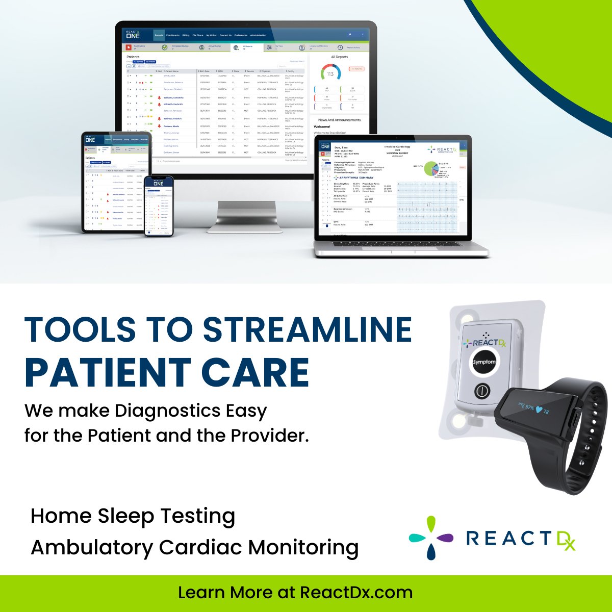 Order both Home Sleep Tests and Ambulatory Cardiac Tests with the most intuitive dashboard in the industry, ReactOne!

Ready to experience the difference? bit.ly/4fy5LQw 

#HealthcareInnovation #SleepHealth #CardiacMonitoring #ReactDx #PatientCare