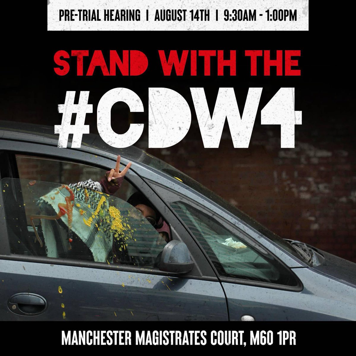 GMF_Palestine's tweet photo. Four actionists were arrested after disrupting CDW in Manchester, Elbit’s tech provider. One actionist occupied the lobby roof while 3 locked on to a vehicle at the front. Support them at this pre trial hearing to prove #ElbitIsGuilty, they are not! https://t.co/56A4q8gwot