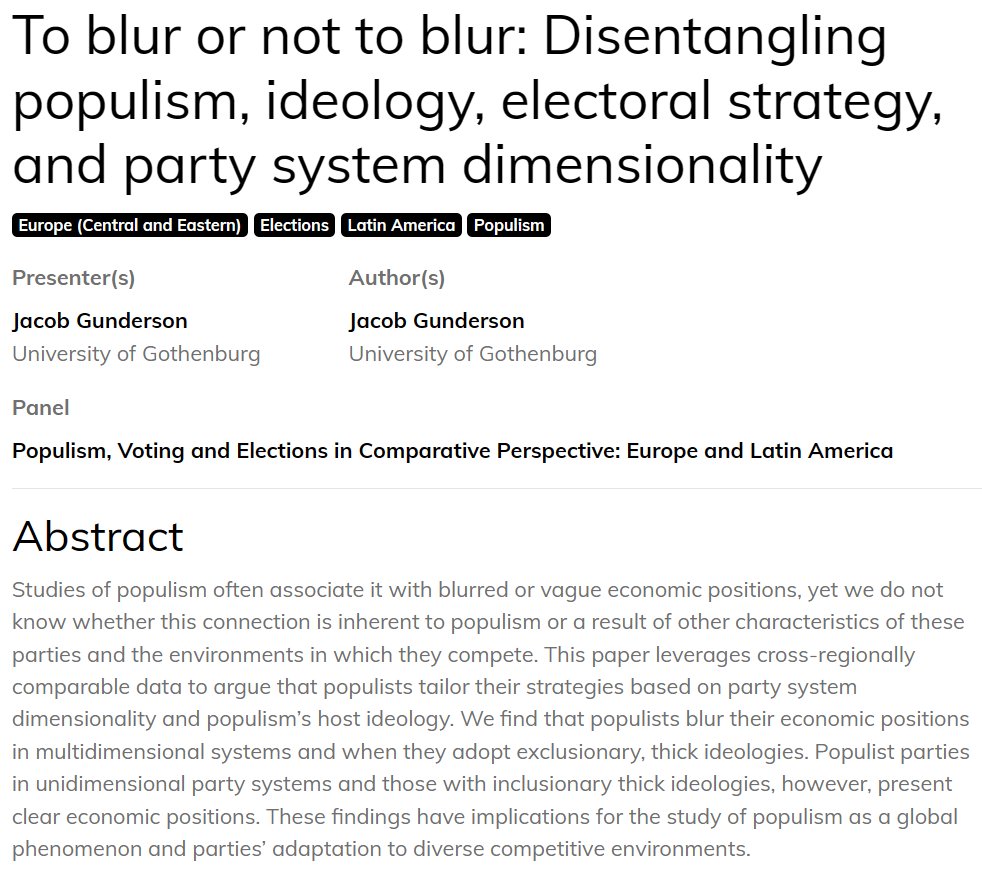 Jacob Gunderson (@jgunderson8) on Twitter photo If you are at <a href="/ECPR/">European Consortium for Political Research</a> and looking for a good way to start your Wednesday at 9am, I'll be presenting a paper with <a href="/n_delacerda/">Nicolás de la Cerda</a> on populism, party system dimensionality, and positional blurring. The panel also includes great papers on feminism, religiosity, and populist activation. If you are at <a href="/ECPR/">European Consortium for Political Research</a> and looking for a good way to start your Wednesday at 9am, I'll be presenting a paper with <a href="/n_delacerda/">Nicolás de la Cerda</a> on populism, party system dimensionality, and positional blurring. The panel also includes great papers on feminism, religiosity, and populist activation.