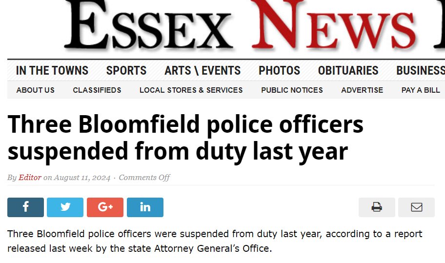 Joanhussey1's tweet photo. NJ POL Essex #Bloomfield #LD34
Three Bloomfield police officers suspended from duty last year
• Detective Thomas Lutz was suspended for 20 days for harassment in the workplace.
A complaint was made against Lutz for violating department rules and regulations regarding harassment. A hearing officer amended the 20 days to 5 days forfeited and 15 days in abeyance for 1 year.
• Officer Brian DiMarco was suspended for 10 days for failing to obey laws, rules, ordinances and general orders. DiMarco initiated a motor vehicle pursuit that violated numerous department policies as well as state attorney general guidelines that cover motor vehicle pursuits. DiMarco did not notify central communications he was in a pursuit, the reason for the pursuit, road conditions, direction of travel and the speed of the pursuit. DiMarco had previously been disciplined for motor vehicle pursuit violations.
• Officer Rana Khalid was suspended for 6 days for not reporting an overpayment in his Jan. 1, 2023
paycheck. Khalid was paid $18,408.18 instead of the $280 that he was due. Khalid did not report this overpayment until it was brought to his attention. Khalid reimbursed the township and 6 days were forfeited in lieu of suspension.
Under the narrower reporting guidelines for 2022, Bloomfield had one suspension.