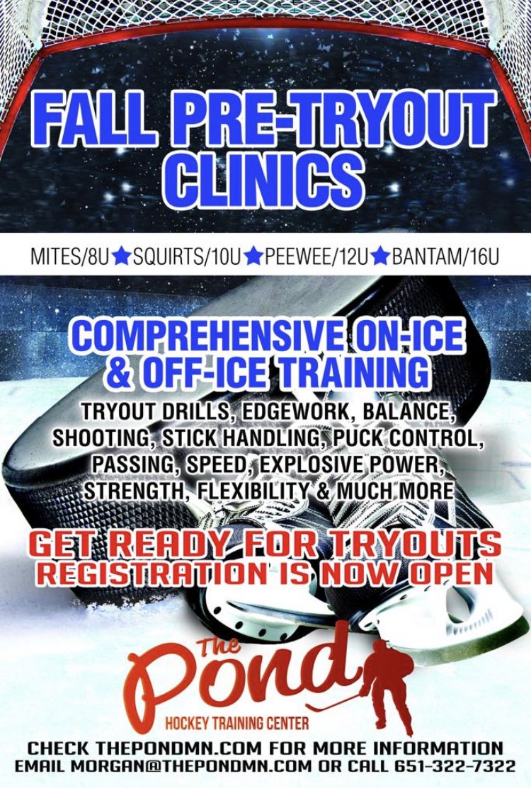 Pre-Tryout Skills Clinics! Get dialed in before your next Tryout! Registration link below!

Pre-Tryout Skills Clinics
thepondmn.sportngin.com/register/form/…