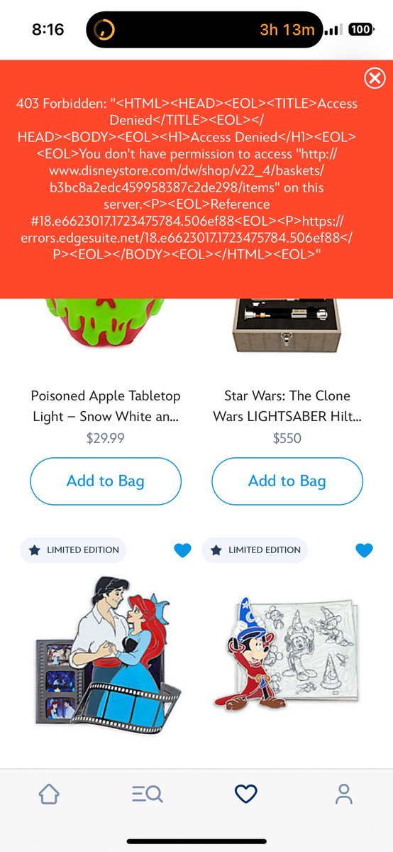 JohnW_025's tweet photo. @shopDisney I’m logged into my account with my D23 gold membership and I can’t get anything due to this error!  The items were in stock, now they’re gone! https://t.co/3PNUXTxUe9