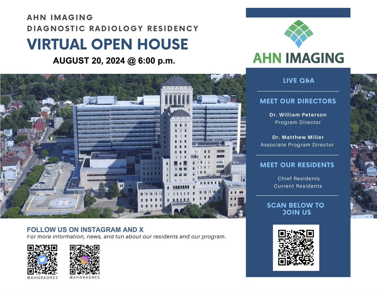 AHN Diagnostic Radiology Residency (@ahnradres) on Twitter photo Join us on August 20 at 6pm EST for our annual Diagnostic Radiology Residency Program Virtual Open House!
Scan the QR Code to register.
We look forward to meeting everyone!
@ahnimaging @ahntoday #radres #Match2025 <a href="/MattJMillerMD/">Matt J. Miller, MD</a> Join us on August 20 at 6pm EST for our annual Diagnostic Radiology Residency Program Virtual Open House!
Scan the QR Code to register.
We look forward to meeting everyone!
@ahnimaging @ahntoday #radres #Match2025 <a href="/MattJMillerMD/">Matt J. Miller, MD</a>