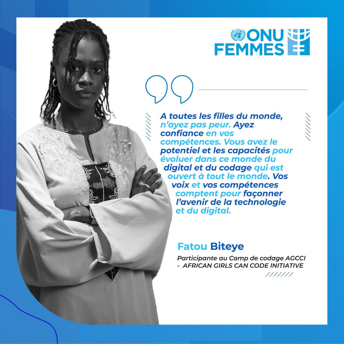 onufemmesSN's tweet image. Bonne Journée Internationale de la Jeunesse !! 👧🏿👦🏿 🚀
Fatou BITEYE est l'exemple vivant de la puissance du savoir et de l'importance d'un accès équitable à l'éducation technologique chez les jeunes qu’@onufemmesSN promeut à travers @AGCCIAfrica_1 .
#CodingForGirls #YouthDay