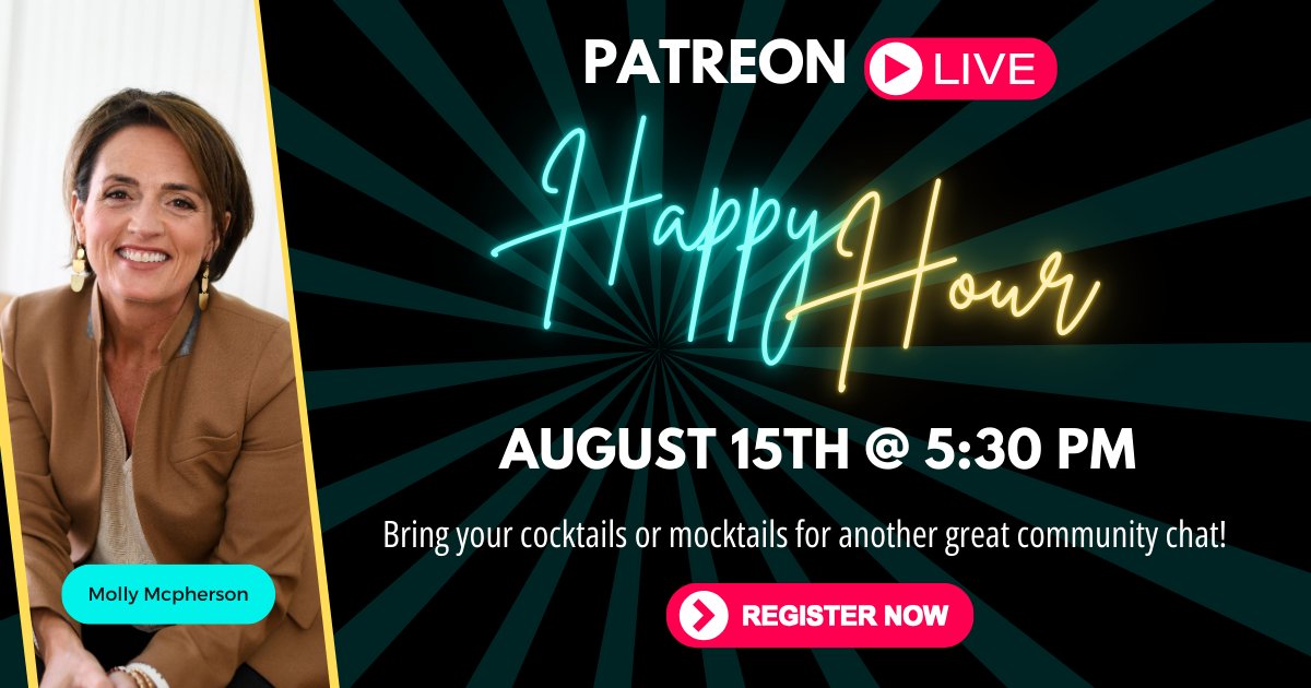 Our next Happy Hour Live is just around the corner on August 15th at 5:30 PM! 🎉✨

This is your chance to unwind with your favorite drink of choice and join me for another exclusive, laid-back chat.

Join my Patreon here: patreon.com/MollyMcPherson
