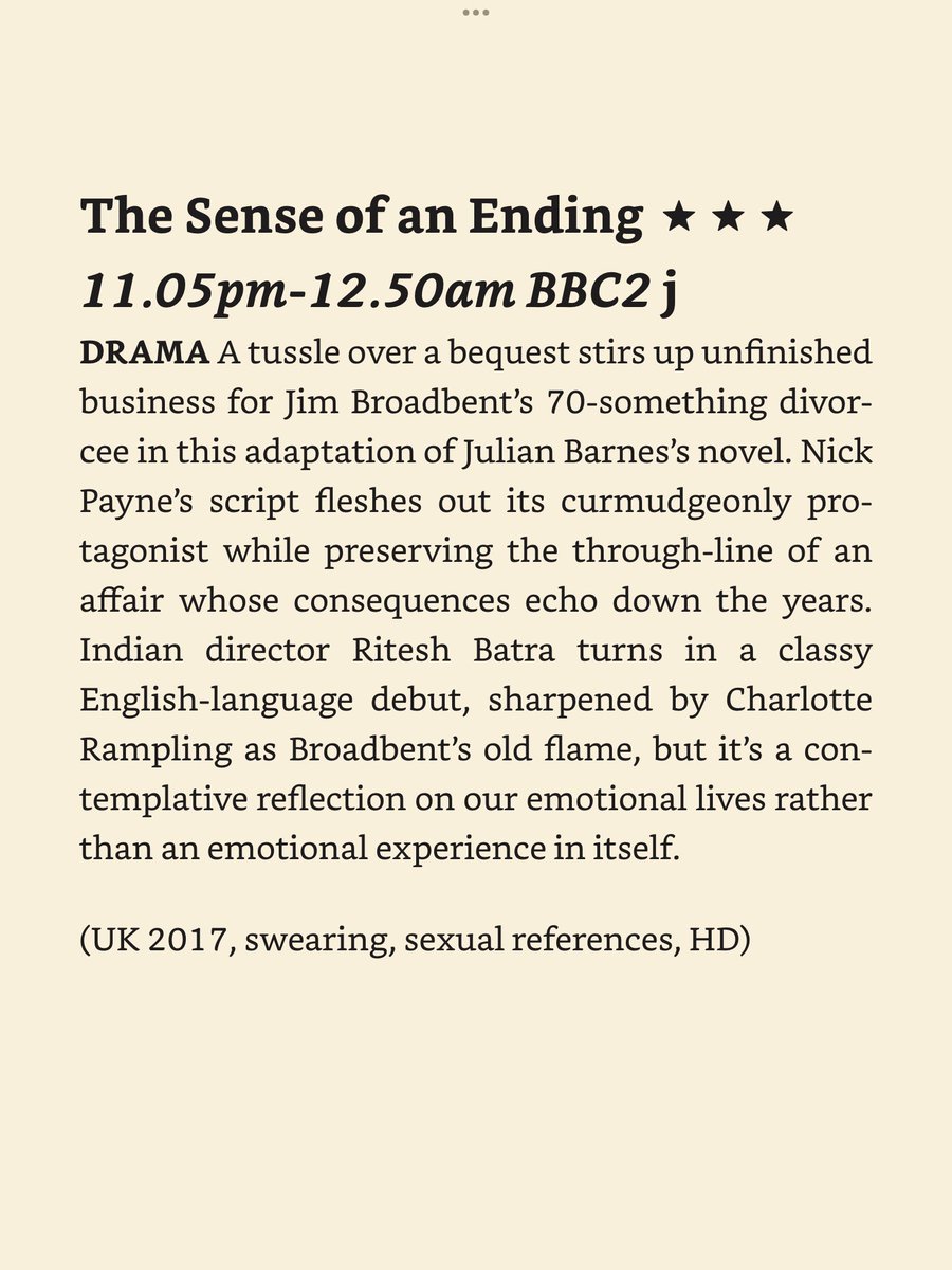 PleaseReadMeOK's tweet photo. 2/2 More info' here - https://t.co/B7LG4qaPNb
BBC2 11.05pm in the UK tonight [Monday] and then on BBC I Player
📷 The Sense of an Ending reviews https://t.co/dvmUGL6cuP #matthewgoode #thesenseofanending https://t.co/CVx3KtLySS