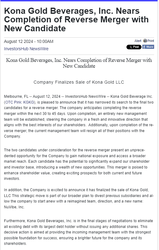STNorth19's tweet photo. Picked up some $KGKG at 0.0006

- Reverse merger with new management coming in the next 30-45 days
- Company working on eliminating all outstanding debt without issuing shares
- Some dilution, but should stop once notes are gone
- Near lows with great bid support at 0.0005 https://t.co/AZRuVZKQo7
