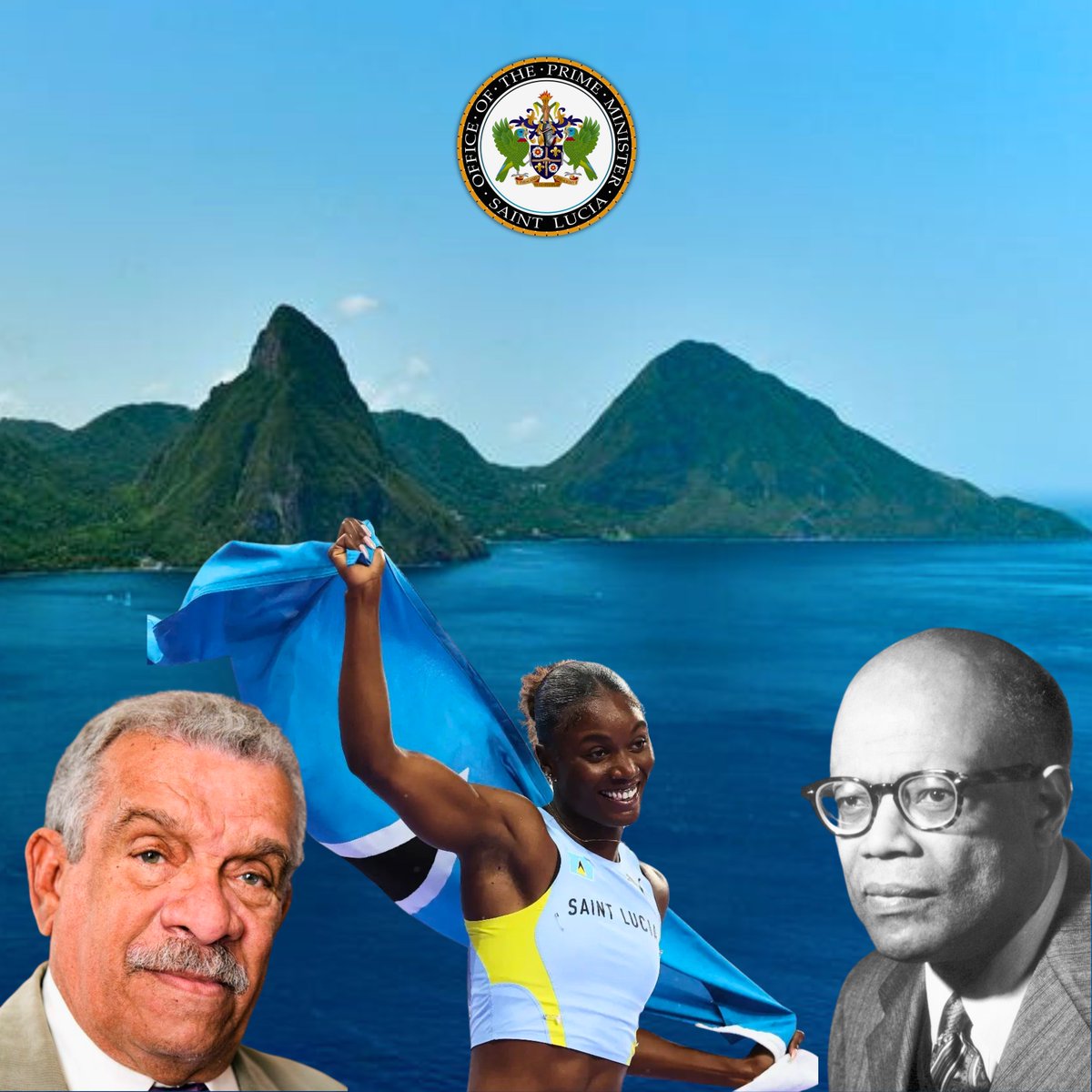 Welcome to Saint Lucia🇱🇨, home of :

The iconic #Pitons⛰️⛰️
The world's only drive-in volcano🌋
Nobel laureates, the late Sir Derek Walcott🏅and Sir Arthur Lewis🏅
and #Olympic 100m champion and 200m silver medalist Julien Alfred🥇🥈