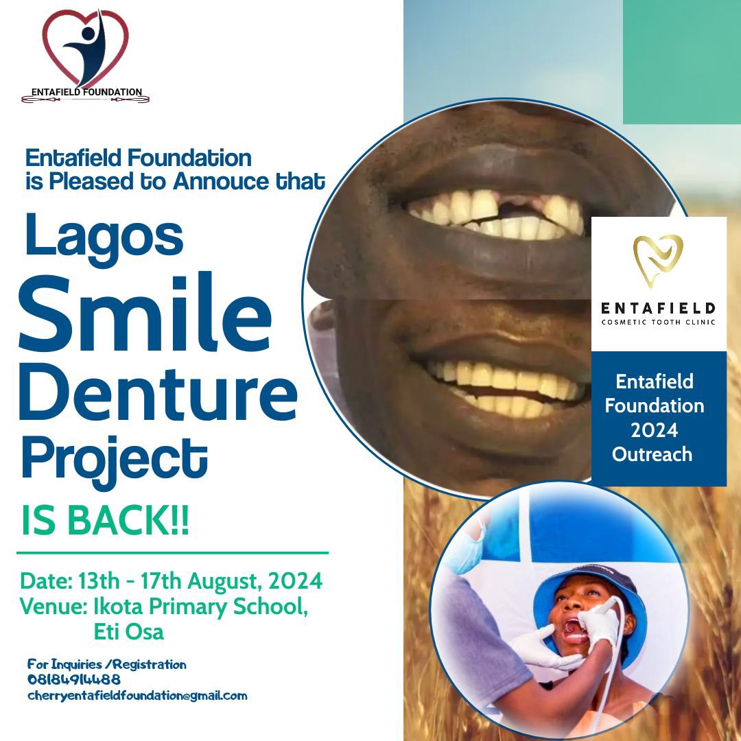 Entafield_fndtn's tweet photo. 1 day to Entafield Foundation Dental Outreach 2024 🎉🎉

Smile Lagos 
A 1000 Denture Project ✨

📅 Date: Tuesday 13th to Saturday 17th of August
🕒 Time: 10am to 4pm daily

Register here if you haven’t 👇👇
https://t.co/ILWGg41O7y 
#outreach #dentist #dentalcare 
#entafield https://t.co/ps0vmpdwr4