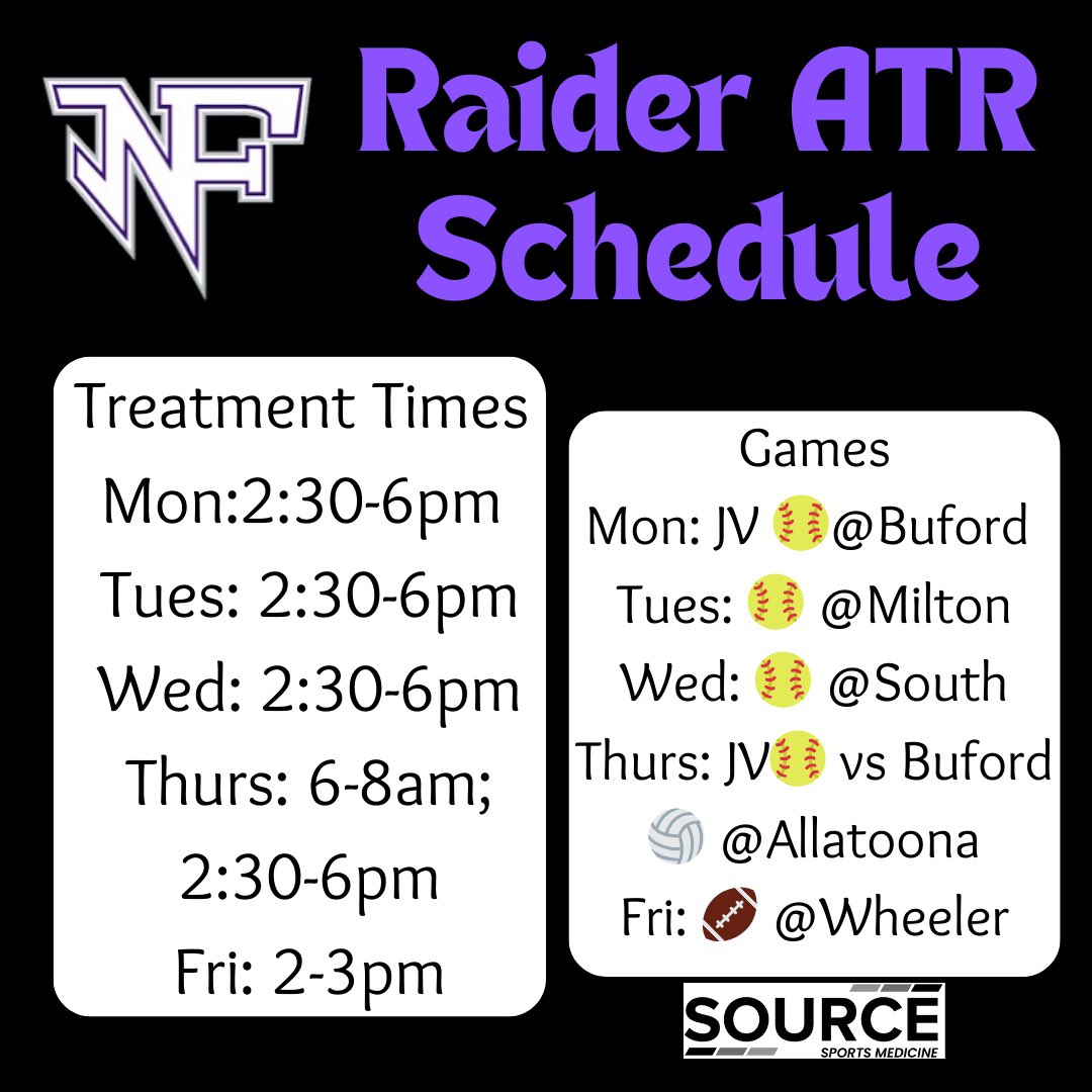 ATR Weekly Schedule! Good luck Raiders! <a href="/SourceSportsMed/">Source - Sports Medicine</a> <a href="/NFTheNation/">NOFORAIDERNATION</a> <a href="/NorthsideHosp/">Northside Hospital</a>