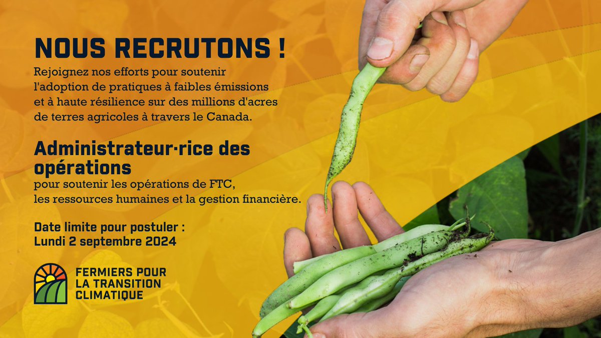 📢Nous sommes à la recherche d’un·e administrateur·rice des opérations pour soutenir les opérations de FTC, les ressources humaines et la gestion financière.

Rejoignez nos efforts pour soutenir une #AgCan résiliente.

Date limite de dépôt: 2 sep fermierspourlatransitionclimatique.ca/administratric…