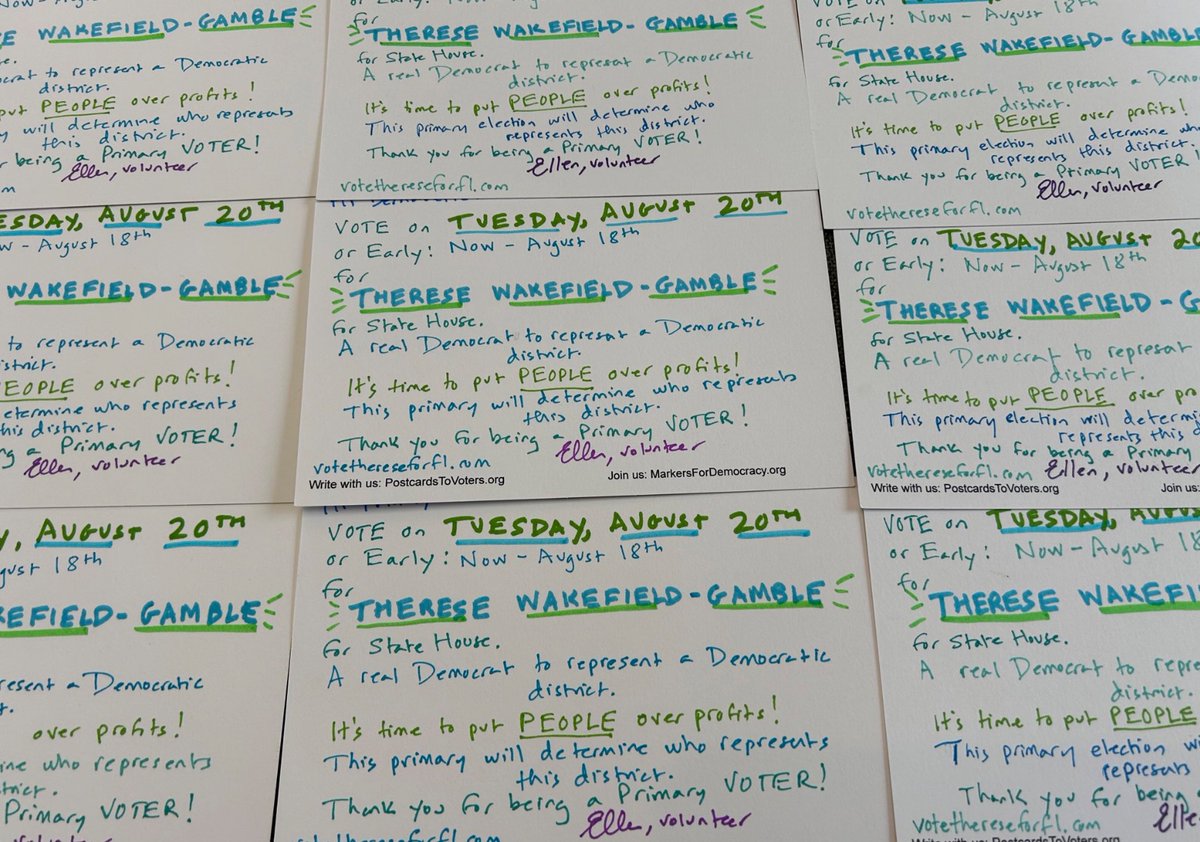<a href="/charles_gaba/">Charles Gaba ✡️</a> The first FL HD to take back from a FL GOP sponsored Dem incumbent is Jacksonville area HD 14, where a real Democrat, Therese Gamble <a href="/LadyTVLWGamble/">Therese V. Wakefield-Gamble</a>, can retake a (Biden+30) district.

Thank you <a href="/DemocracyMarker/">Markers For Democracy</a> &amp; <a href="/ElvinBen/">Ellen #VoteBlue Bender 💙 🏳️‍🌈</a> for helping make this goal a reality. <a href="/DLCC/">Democratic Legislative Campaign Committee</a> <a href="/NikkiFried/">Nikki Fried</a>