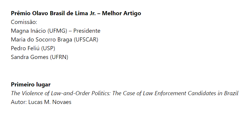 Meu trabalho foi escolhido como o melhor artigo pela Associação Brasileira de Ciência Política! Obrigado à comissão julgadora @magnainacio, <a href="/msbraga1/">Maria Socorro Braga</a>, Pedro Feliú e Sandra Gomes.