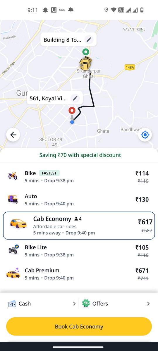aditya_ag16's tweet photo. @rapidobikeapp showing 617 rs cab as "affordable". To put the pricing in perspective, dist. is 11 kms. It is not peak time, it will take 30 mins. Uber and Ola are charging cab premium at about 300 rs for same route. Wonder how you are are calculating your cab prices @RapidoCares https://t.co/3ed1po4Bfy