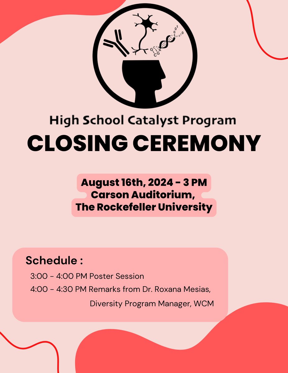 Come see our fantastic students present at the 2024 High School Catalyst Closing Ceremony on August 16th at 3 pm in the Carson Auditorium at Rockefeller University!