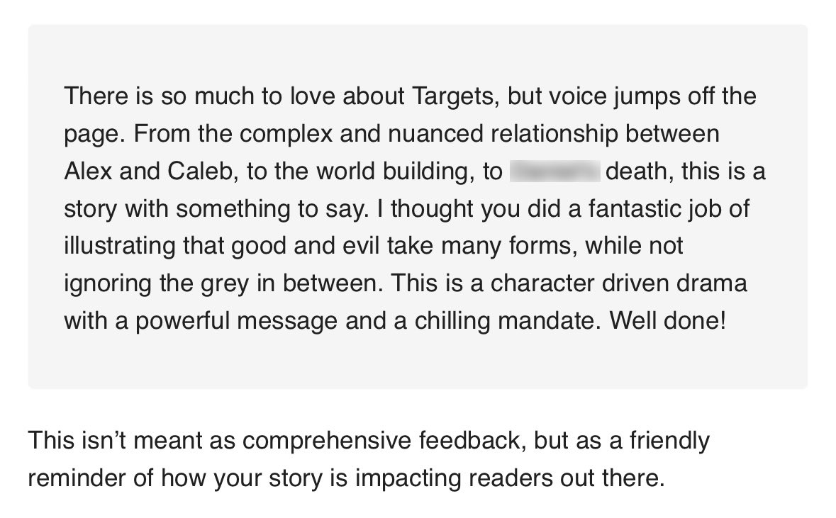Really appreciate that the ScreenCraft Feature Competition takes the time to provide a quick reader note for entries. 

Writing is such a solitary endeavor, so it's always gratifying to see how the work connects with a reader. 

Thank you <a href="/screencrafting/">ScreenCraft</a>!