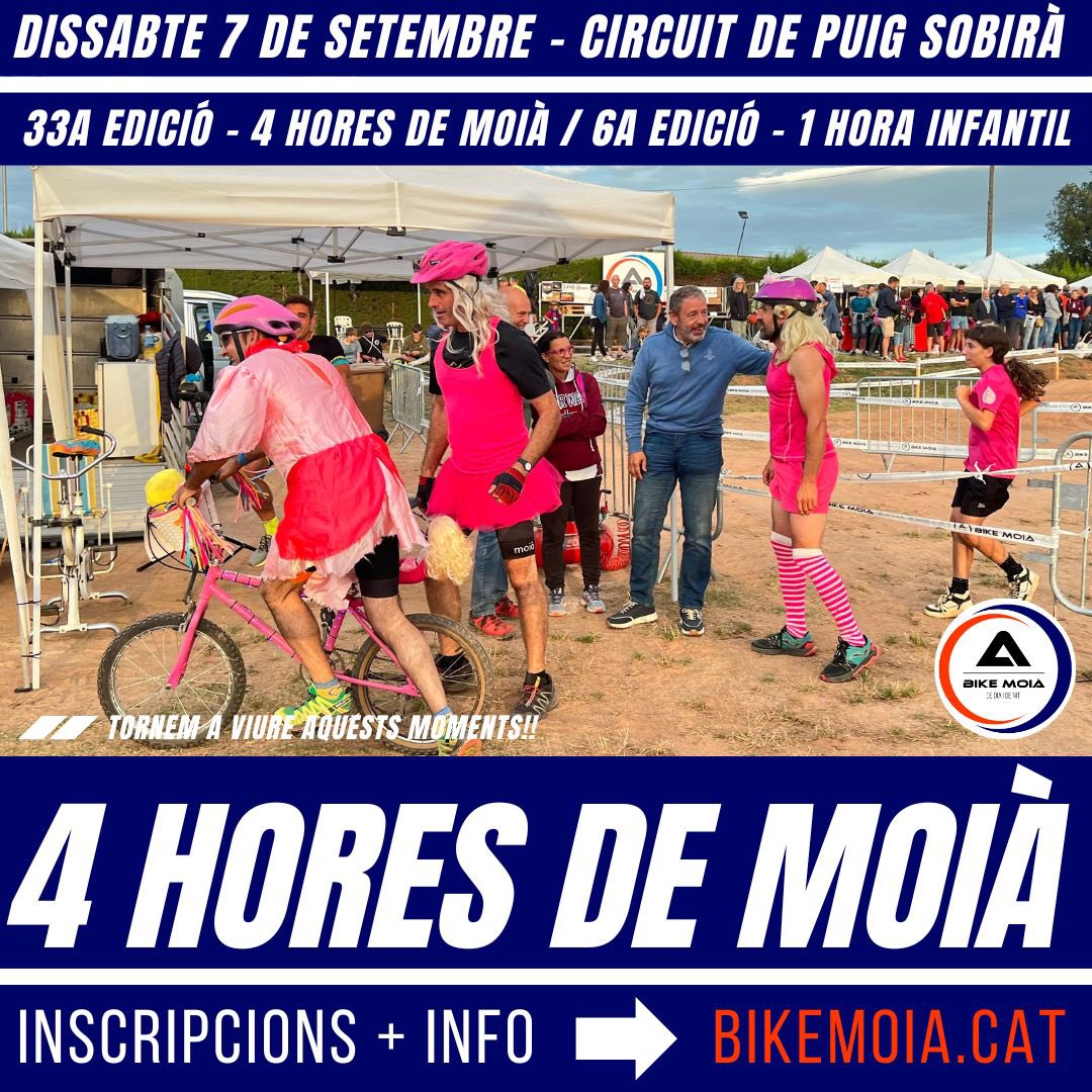 Apuntar-se a les 4 Hores és una manera de regular els excessos de la Festa Major!!!💃🏻🕺🏻🤣

👉🏼 Encara no t’has apuntat??

Inscripcions i més informació a: 
 🔸 bikemoia.cat
