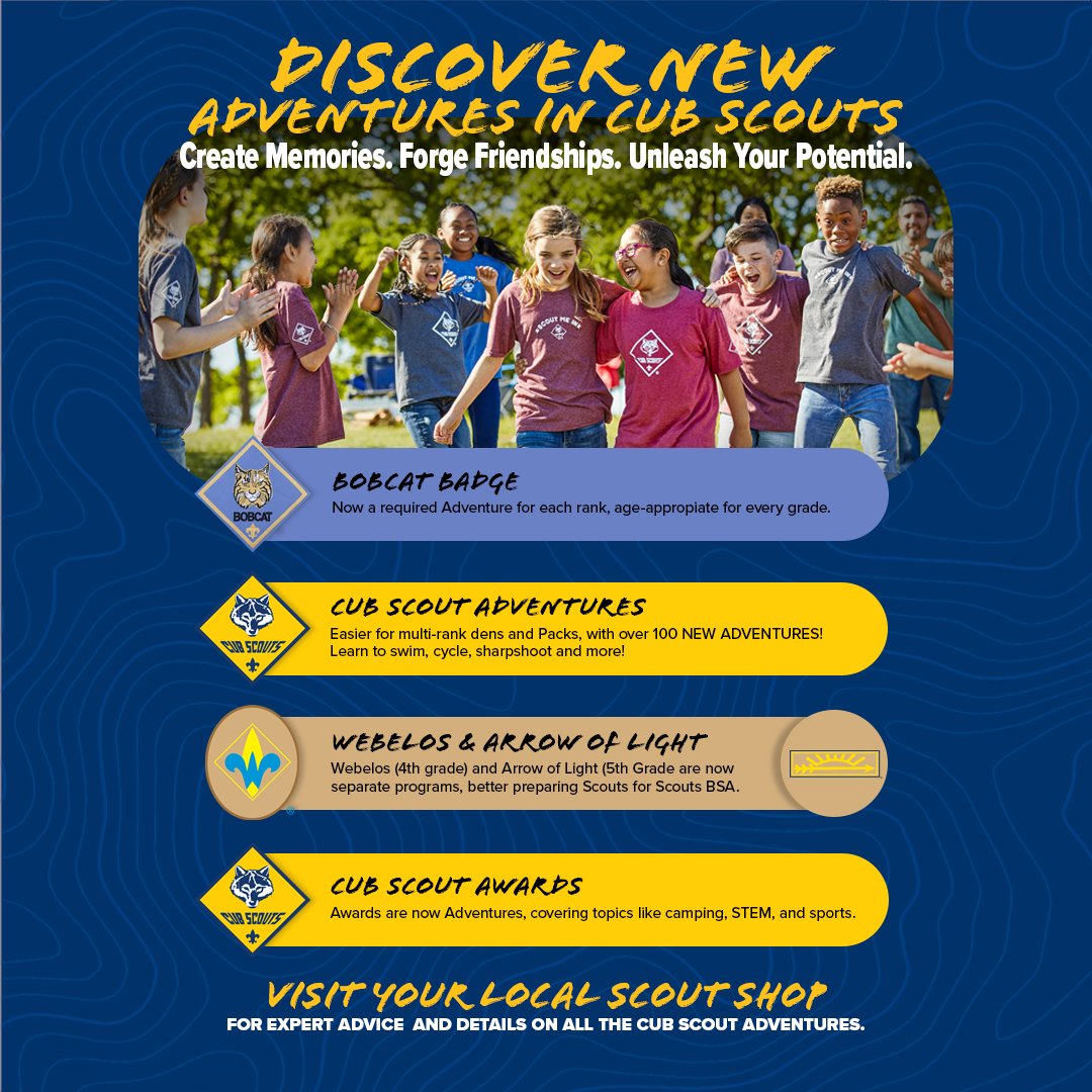 scoutshopBSA's tweet photo. We’re excited to announce updates to the Cub Scout program for the 2024-25 year!
Discover and learn more about the exciting new changes in Cub Scouting at your local Scout Shop!
#ScoutShop #BoyScoutsofAmerica #ScoutingAmerica #CubScouts https://t.co/zTXTovso2n