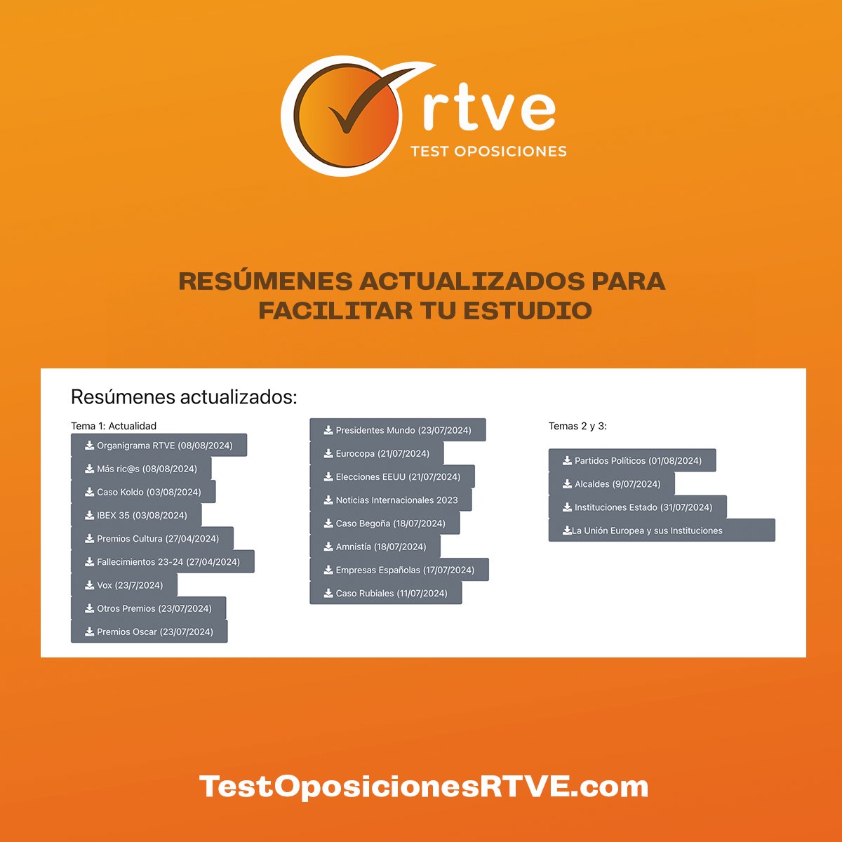 ¡Resúmenes actualizados para facilitar tu estudio! Ahorra tiempo en realizar resúmenes, descarga desde nuestra plataforma y ¡a memorizar! 
Los resúmenes y demás se irán actualizando hasta fecha del examen. 
#Oposiciones #RTVE #Oposición #Oposiciones2024 #RTVEtemario #rtvetest
