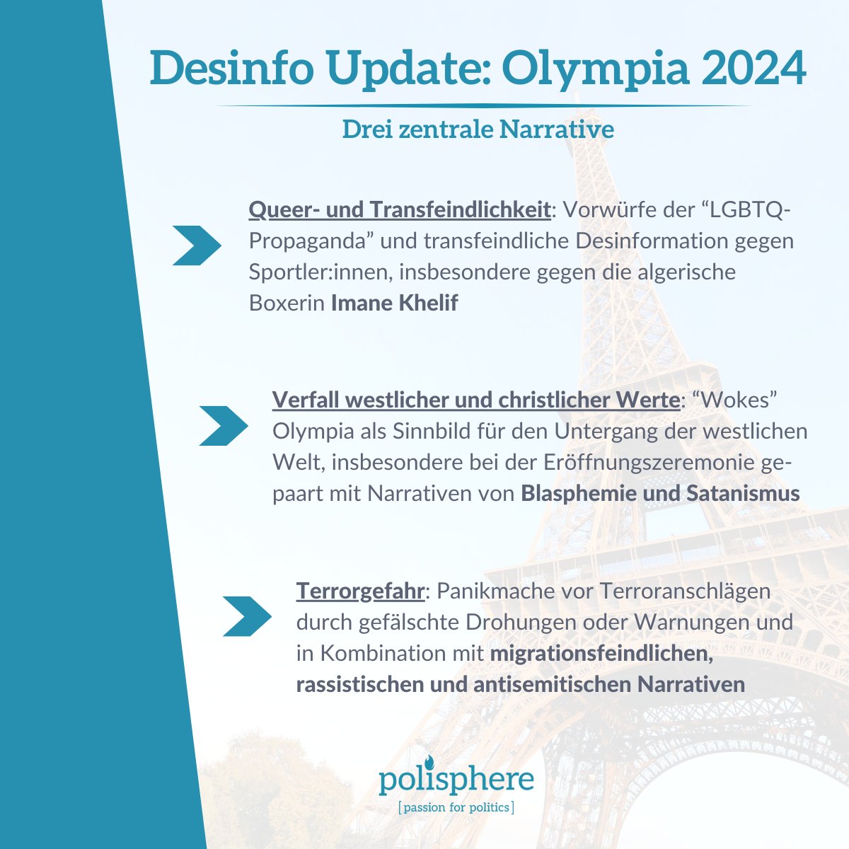 polisphere's tweet image. Satanismus, trans Boxerinnen und Hamas-Terroranschläge bei den Olympischen Spielen?
Nein - aber all das wurde in den vergangenen Wochen vor allem in den sozialen Medien behauptet.
Die 3 zentralen Desinformationsnarrative zu Olympia 2024 aus unserem Monitoring Team. 🥇🥈🥉