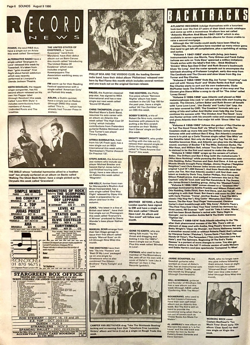 ZoundsAbound's tweet image. This week’s round up of Tour &amp;amp; Record News with info on #Spizz #Tredeger #Timbuk3 #Mournblade #FM #Falco #ChrisThompson @thehooters #MightyMighty #BrotherBeyond #CamperVanBeethoven &amp;amp; #Flux among many others.

Sounds Aug 9th 1986