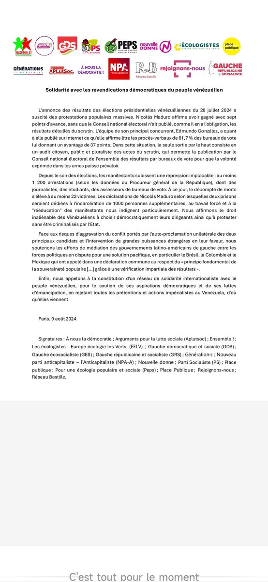 carmela65's tweet photo. #VenezuelaLibre communiqué des partis de gauche en soutien au peuple vénézuélien. Merci @PlacePublique13  @placepublique_ @p_lecorche . Le Venezuela a besoin de l'engagement de la gauche démocratique. https://t.co/DsiU4xsnnP