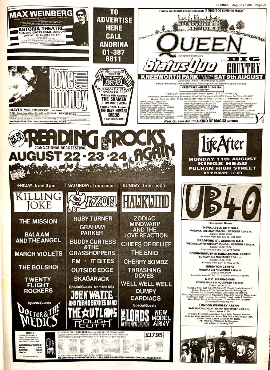 ZoundsAbound's tweet image. Well, there are 3 shows at the Underground, I’m immediately drawn to. @FOTNofficial @TheSoupDragons &amp;amp; @TheMarchViolets.

#DogsDAmour at the 100 Club and then finally, #Timbuk3 at Adam &amp;amp; Eves for good measure.

@rosieauthor 

Sounds Aug 9th 1986