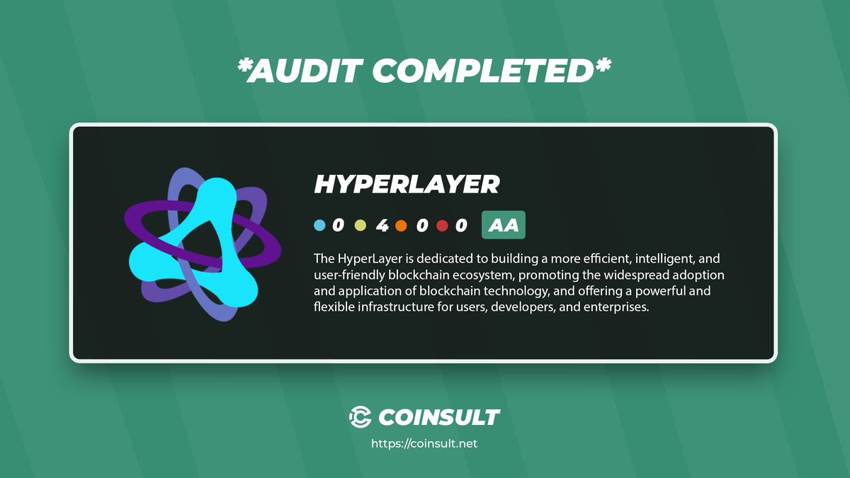 CoinsultAudits's tweet image. 🔒 AUDIT COMPLETED FOR HYPERLAYER

🎁 GIVEAWAY: $10 (48 hours)

1⃣ Follow @Hyperlayer_ &amp;amp; @CoinsultAudits
2⃣ Like + RT this tweet
3⃣ Place a comment 💬

Go check out the full project page of Hyperlayer 👇
coinsult.net/projects/hyper…

#giveaway #audit #smartcontract #cryptogiveaway…