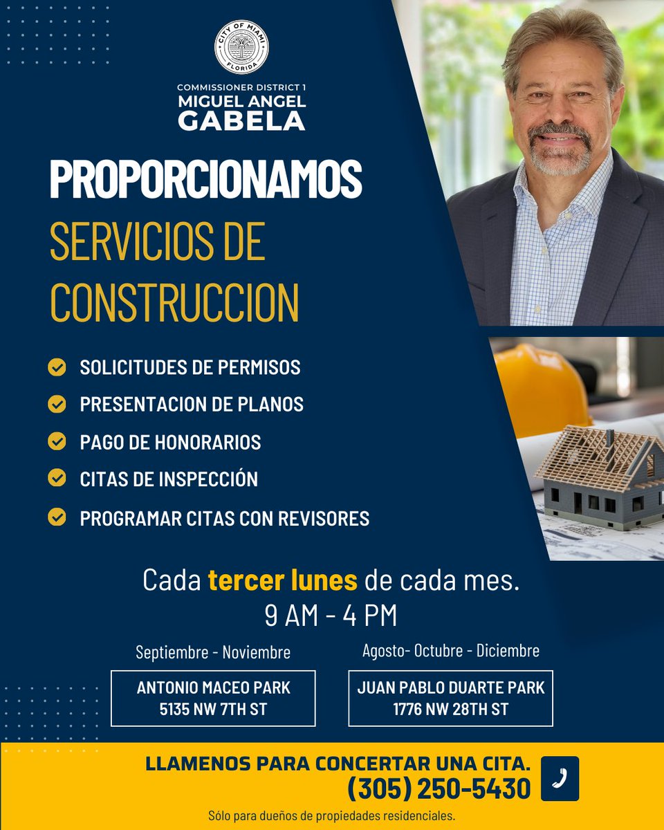Excited to share that we are offering building services at both Maceo Park and Juan Pablo Duarte Park! 🏗️ Whether you’re planning a new project or need assistance, our team is here to help. Schedule your appointment today by calling (305) 250-5430.