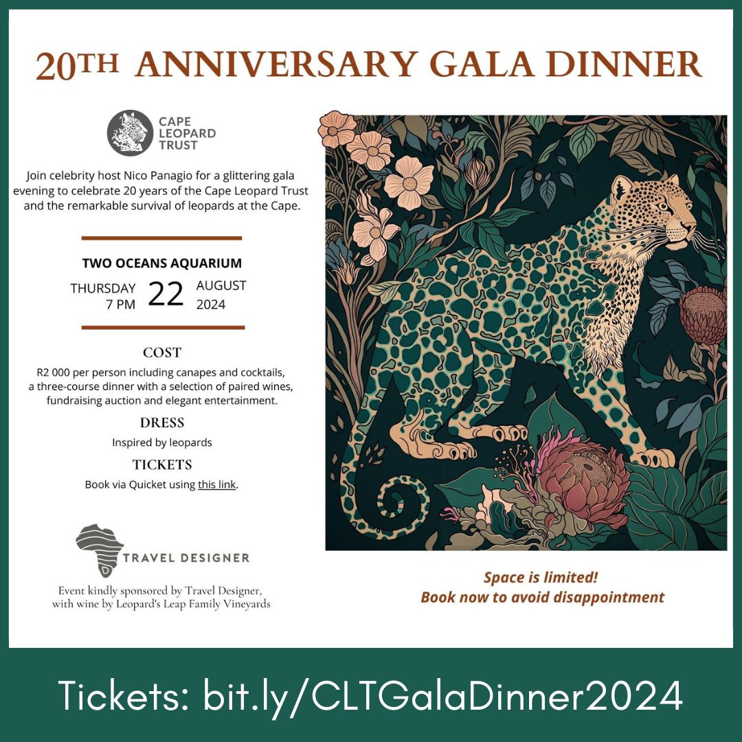 Cape Leopard Trust (CLT) (@capeleopardtrst) on Twitter photo Join the <a href="/CapeLeopardTrst/">Cape Leopard Trust (CLT)</a> &friends as we celebrate 20 years of leopard conservation on Thu, 22 Aug. Tickets R2000 pp incl canapes &cocktails, 3-course dinner with paired wines &gift. Space is limited so book today! Event sponsored by TravelDesigner &
<a href="/LeopardLeapWine/">Leopard's Leap</a> Join the <a href="/CapeLeopardTrst/">Cape Leopard Trust (CLT)</a> &friends as we celebrate 20 years of leopard conservation on Thu, 22 Aug. Tickets R2000 pp incl canapes &cocktails, 3-course dinner with paired wines &gift. Space is limited so book today! Event sponsored by TravelDesigner &
<a href="/LeopardLeapWine/">Leopard's Leap</a>