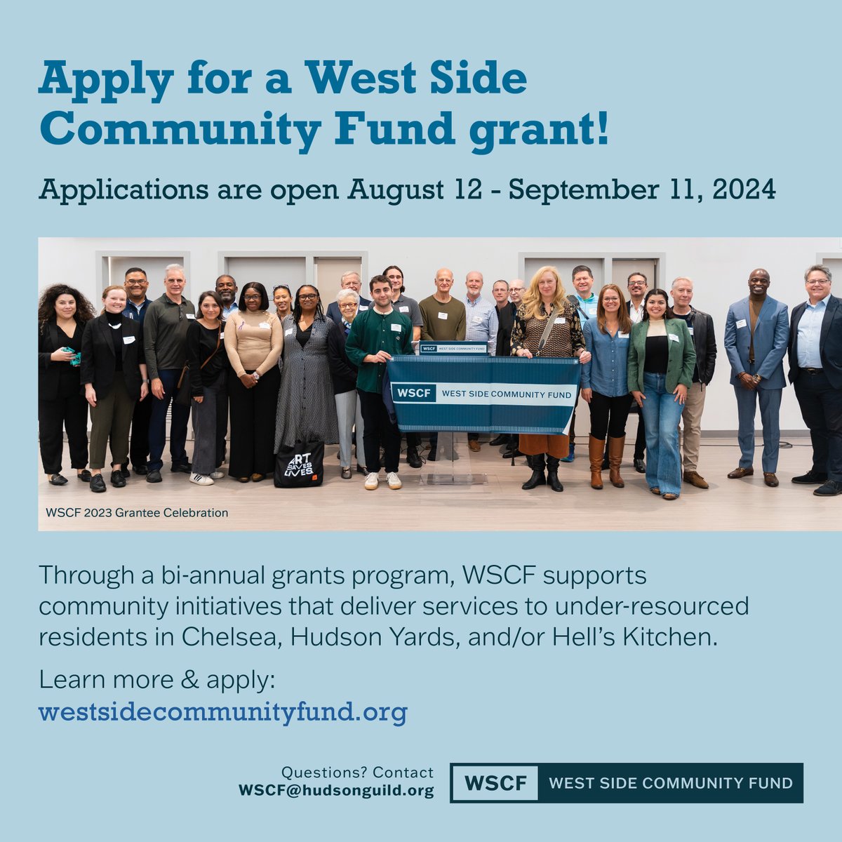 Applications are open for our Fall 2024 grant cycle through September 11th! Apply at westsidecommunityfund.org/grant-opportun…

#westsidecommunityfund #microgrants #chelsea #hellskitchen #hudsonyards #foodsecurity #education #economicempowerment #communityimprovement #healthandwellness #arts