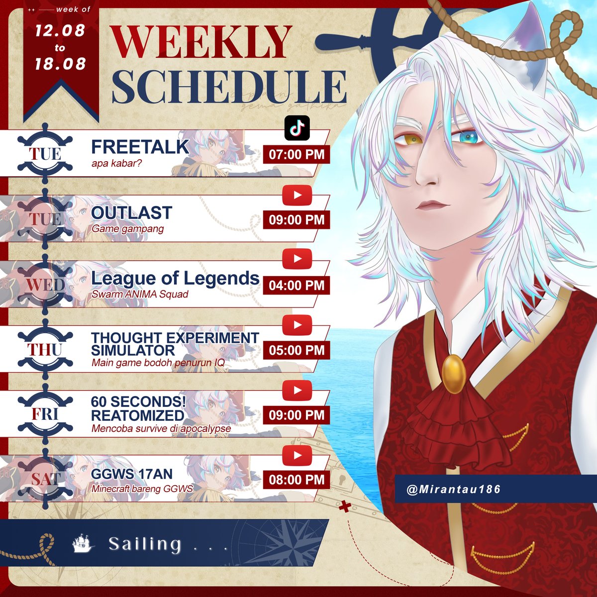 GemaGathika's tweet photo. GEMA GATHIKA WEEKLY SCHEDULE
12.08 '24 - 18.08 '24
GG! I'm Gema Gathika
Werewolf Captain Pirate
Has ability to switch gender🐺🎵
💙GGMS &amp; GGWS💜
General : #GemaGathika
Stream : #GGemalive
Original Song : #GGOG
Cover : #GGCover
Fanart : #GGemart
Meme : #GGememe
Clip : #GGClip https://t.co/JOaGtsnERU
