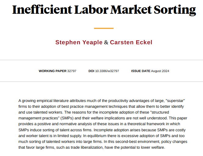 A growing empirical literature attributes much of the productivity advantages of large, "superstar" firms to their adoption of best practice management techniques that allow them to better identify and use talented workers, from Yeaple and Eckel nber.org/papers/w32797