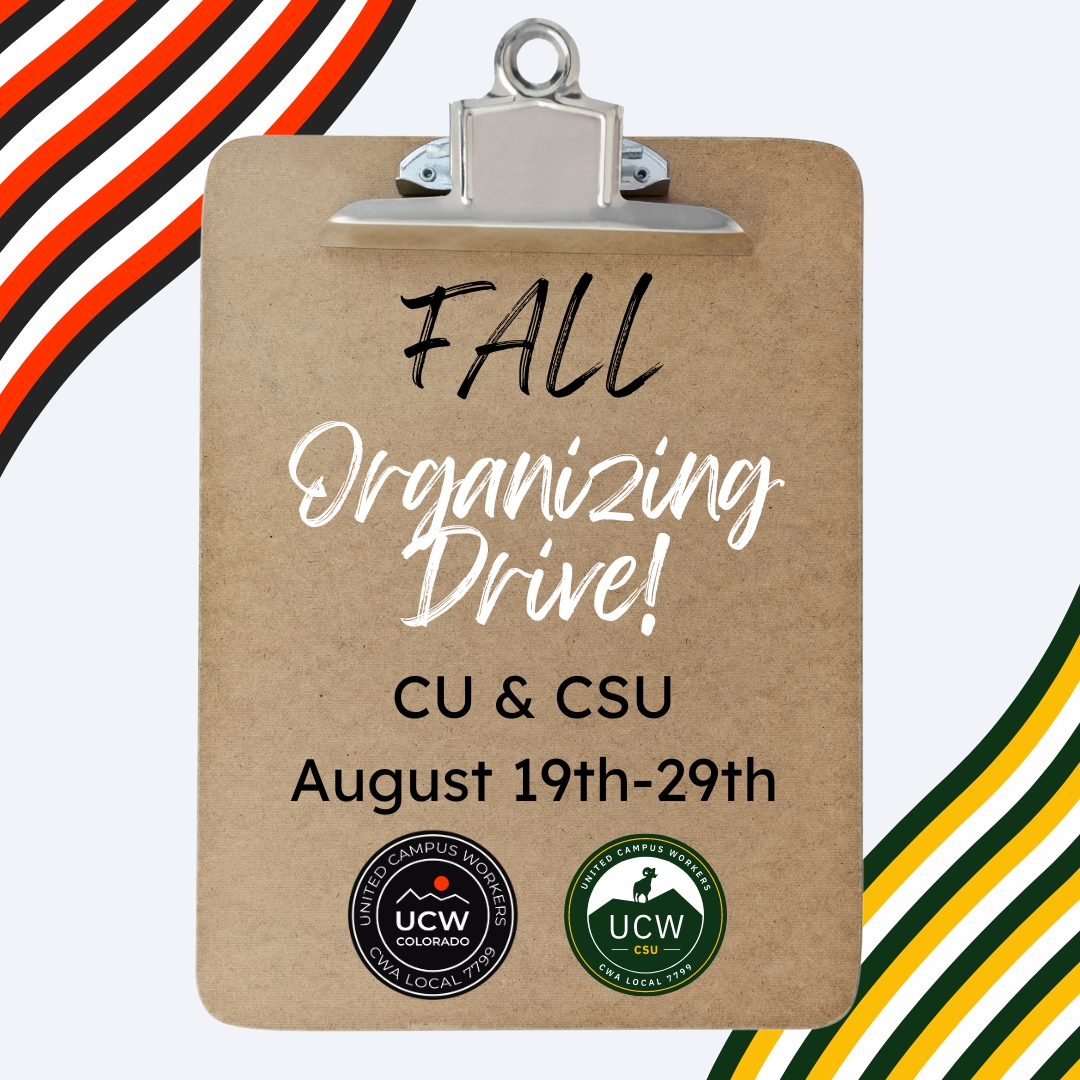 Join your fellow union members for UCW's 3rd annual fall organizing drive: August 19th - 29th.

We'll be visiting workers in their offices on your campus and making calls via phonebanks to recruit members to join. 

Sign up here: forms.gle/SHkUqmQbdsQXSf…