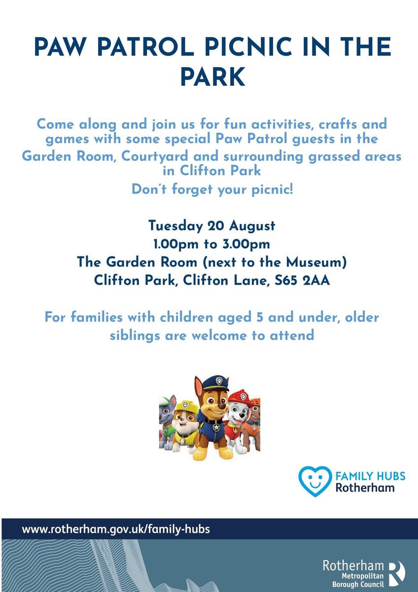 Come along and join us for fun activities, crafts and games with some special Paw Patrol guests in the Garden Room, Courtyard and surrounding grassed areas in Clifton Park.
For families with children aged 5 and under, older siblings are welcome too :)
Don’t forget your picnic!!