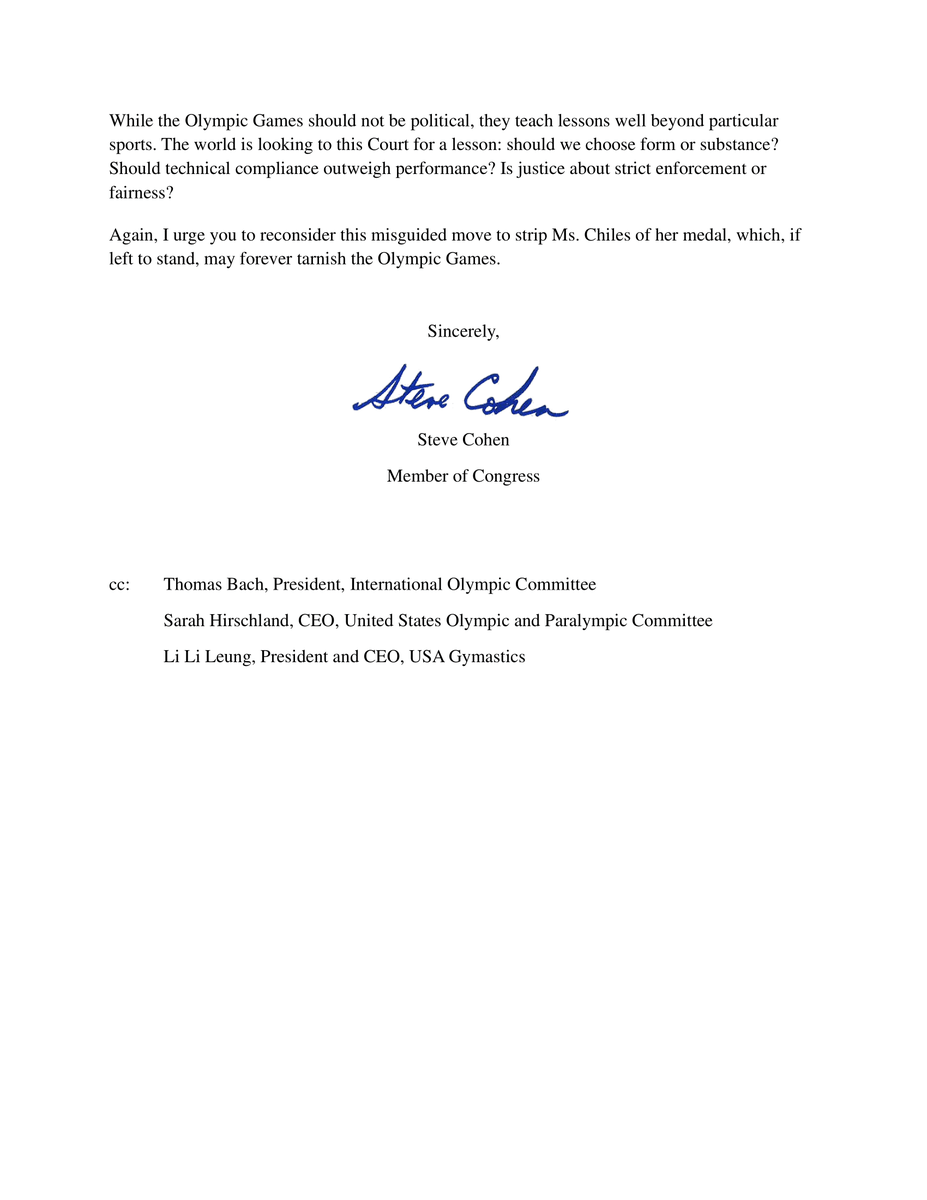 I've written to the Court of Arbitration for Sport about #JordanChiles Bronze Medal.

2 issues at conflict here: the judges' failure to score correctly &amp; an alleged 4-second delay on appealing the score. The equity for the #IOC &amp; athletes is undeniably the score, not the appeal.