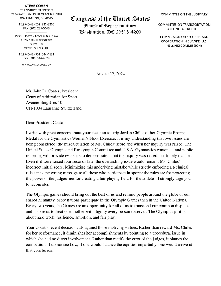 RepCohen's tweet photo. I've written to the Court of Arbitration for Sport about #JordanChiles Bronze Medal.

2 issues at conflict here: the judges' failure to score correctly &amp; an alleged 4-second delay on appealing the score. The equity for the #IOC &amp; athletes is undeniably the score, not the appeal. https://t.co/WDMU813tBj