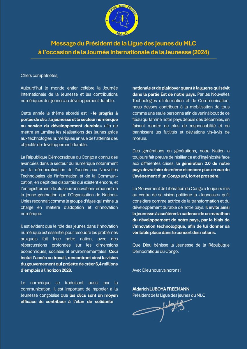 #Message du Président de la Ligue des Jeunes du MLC à l'occasion de la Journée Internationale de la Jeunesse (2024).