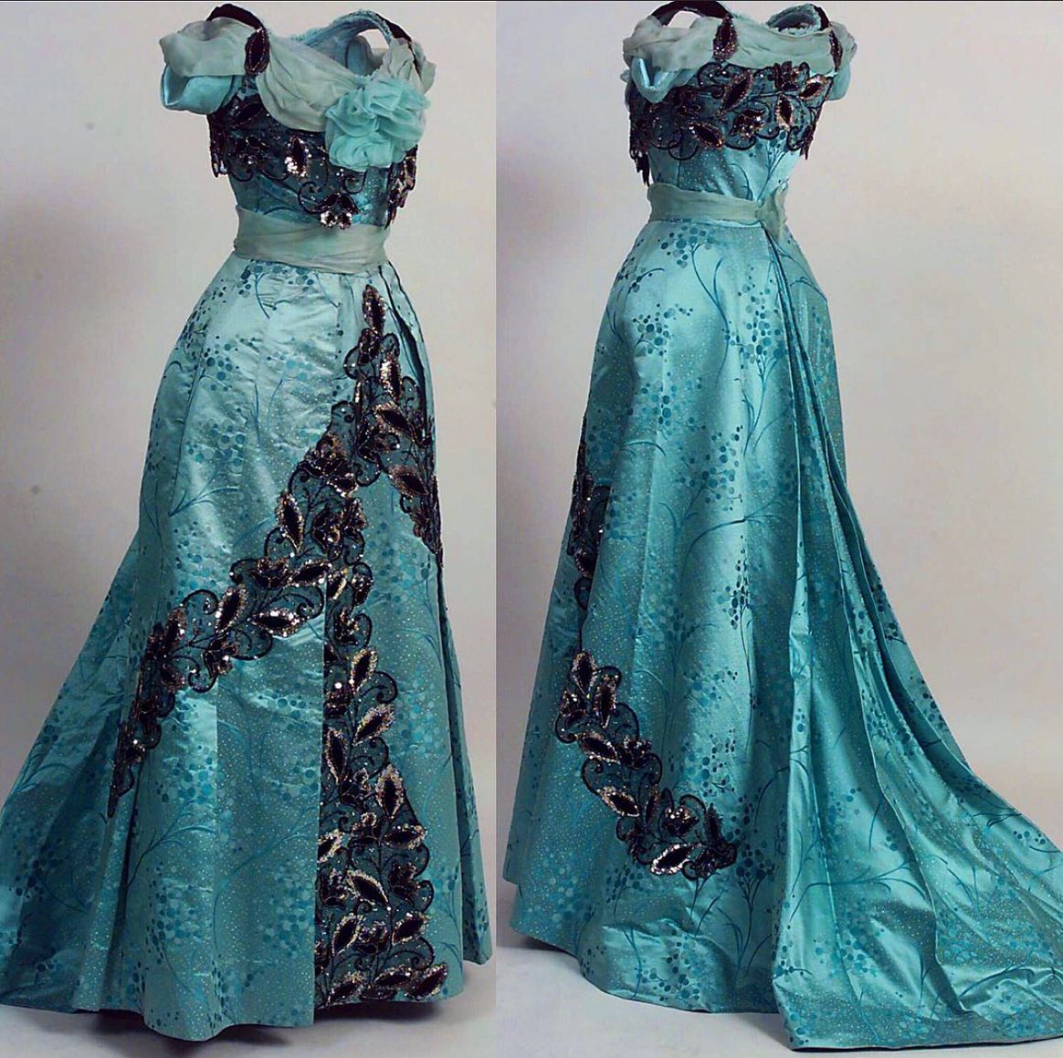 A turquoise silk and chiffon evening dress,
with black sequin embroidery, 1900-01. From the collection of Norsk Folk museum.