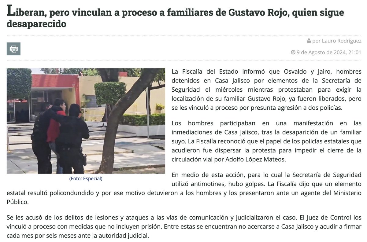 🧵Jairo Jauregui y Oswaldo Rojo, familiares de personas desaparecidas, detenidos el 7 de agosto en el marco de la represión de la protesta social, fueron liberados el viernes, sin embargo se les vinculó a proceso por los delitos de lesiones y ataques a las vías de comunicación👇