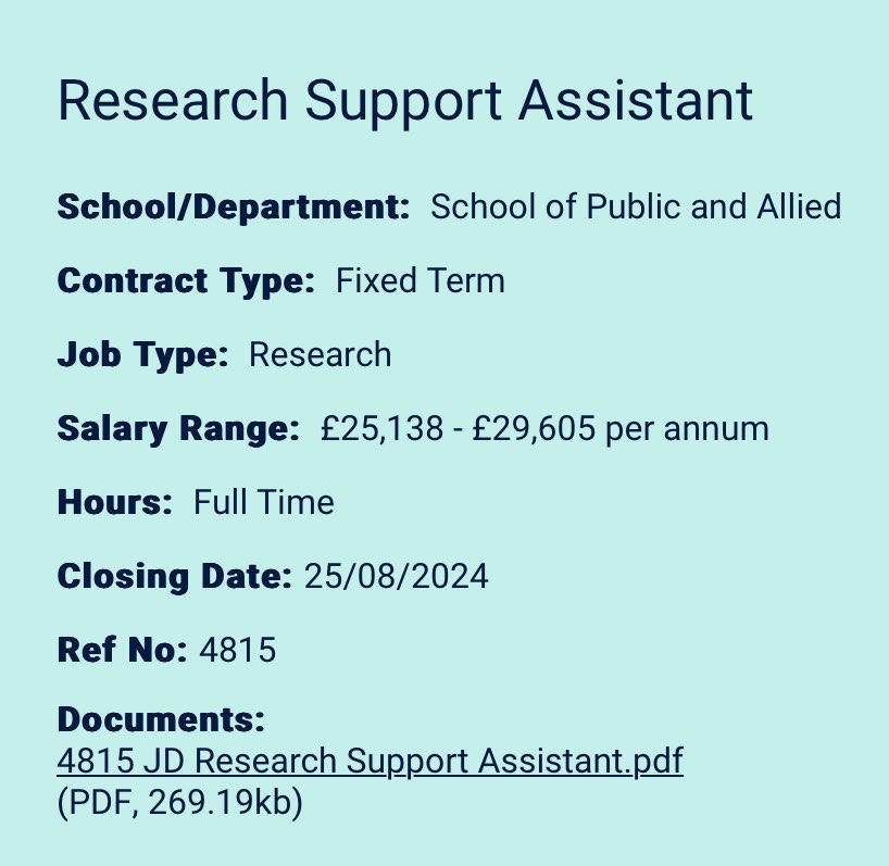 Zara Quigg (@zaraquigg) on Twitter photo 🚨Interested in violence prevention…come join our team as a research support assistant. Great opportunity for a graduate/early career researcher to work in applied public health research <a href="/LJMUPHI/">Public Health @ LJMU</a> <a href="/LJMU_IHR/">LJMU Institute for Health Research</a> <a href="/MerseysideVrp/">Merseyside Violence Reduction Partnership</a>
jobs.ljmu.ac.uk/vacancies/9797… 🚨Interested in violence prevention…come join our team as a research support assistant. Great opportunity for a graduate/early career researcher to work in applied public health research <a href="/LJMUPHI/">Public Health @ LJMU</a> <a href="/LJMU_IHR/">LJMU Institute for Health Research</a> <a href="/MerseysideVrp/">Merseyside Violence Reduction Partnership</a>
jobs.ljmu.ac.uk/vacancies/9797…