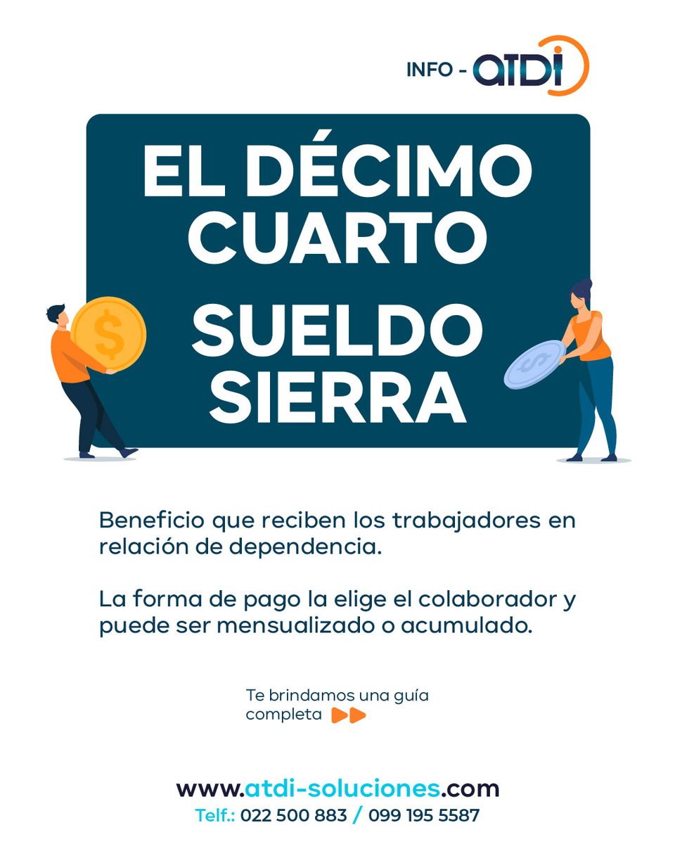 ATDI_EC's tweet photo. El décimo cuarto sueldo, tienes dudas de ¿Cómo se calcula y su fecha máxima de pago? te compartimos este INFO-ATDI que seguro te ayudará a eliminar tus dudas.

#SIAP #GestiónDeNómina #Tecnología #RecursosHumanos #EficienciaEmpresarial https://t.co/zJvsvAI64L