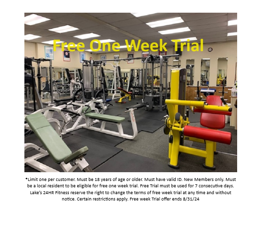 Ready to take your fitness journey to the next level? For a limited time, Lake's 24HR Fitness is offering a FREE one-week trial at our state-of-the-art gym! Don’t wait—your best self is just a workout away. Offer valid through 8/31/24. Book your free trial today! #FreeGymTrial
