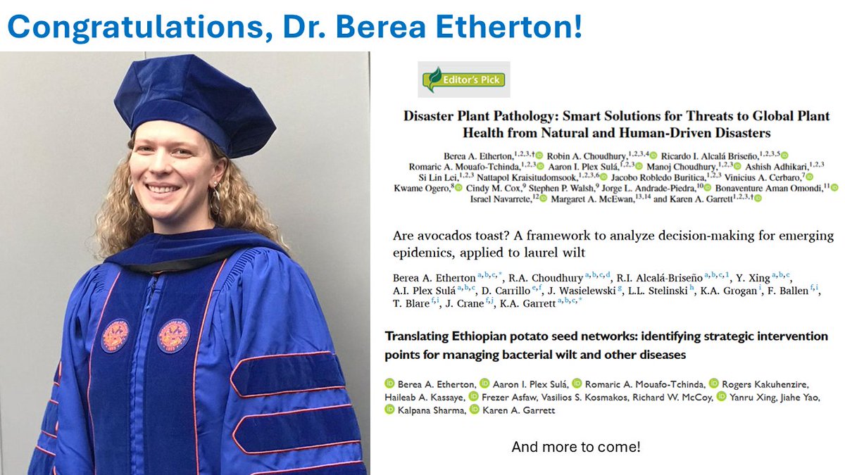 Karen Garrett (@garrett_lab) on Twitter photo Congrats, new graduate Dr. Berea Etherton! @Berea_Etherton Check out her work on
--Disaster plant pathology
apsjournals.apsnet.org/doi/10.1094/PH…
--🥑laurel wilt & social-ecological networks involved in managing it
sciencedirect.com/science/articl…
& more to come!
<a href="/UFPlantPath/">UF/IFAS Plant Pathology Department</a> <a href="/UF_IFAS_GFSI/">The Global Food Systems Institute at UF IFAS</a> <a href="/UF_EPI/">Emerging Pathogens Institute</a> Congrats, new graduate Dr. Berea Etherton! @Berea_Etherton Check out her work on
--Disaster plant pathology
apsjournals.apsnet.org/doi/10.1094/PH…
--🥑laurel wilt & social-ecological networks involved in managing it
sciencedirect.com/science/articl…
& more to come!
<a href="/UFPlantPath/">UF/IFAS Plant Pathology Department</a> <a href="/UF_IFAS_GFSI/">The Global Food Systems Institute at UF IFAS</a> <a href="/UF_EPI/">Emerging Pathogens Institute</a>